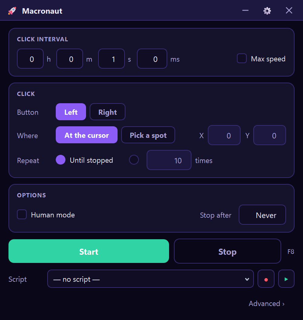 Macronaut's Basic face: click interval in hours, minutes,
seconds and milliseconds, a left/right mouse button choice,
repeat a set number of times or until stopped, cursor position,
and a green Start button