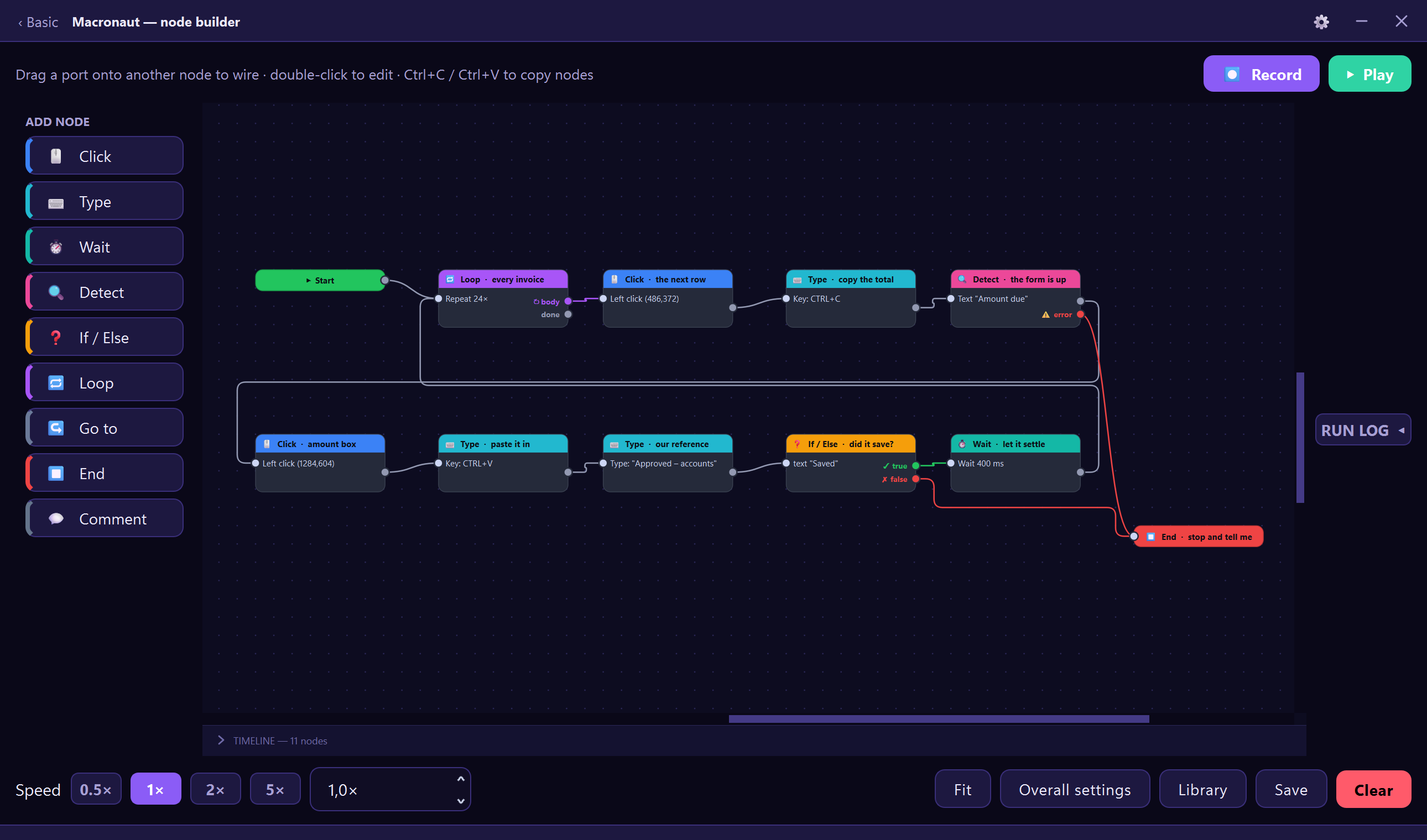 Macronaut's canvas: a script that loops over 24 invoices — clicking a row,
            copying the total, waiting for the form to appear, pasting it back in,
            then checking it saved before moving on
